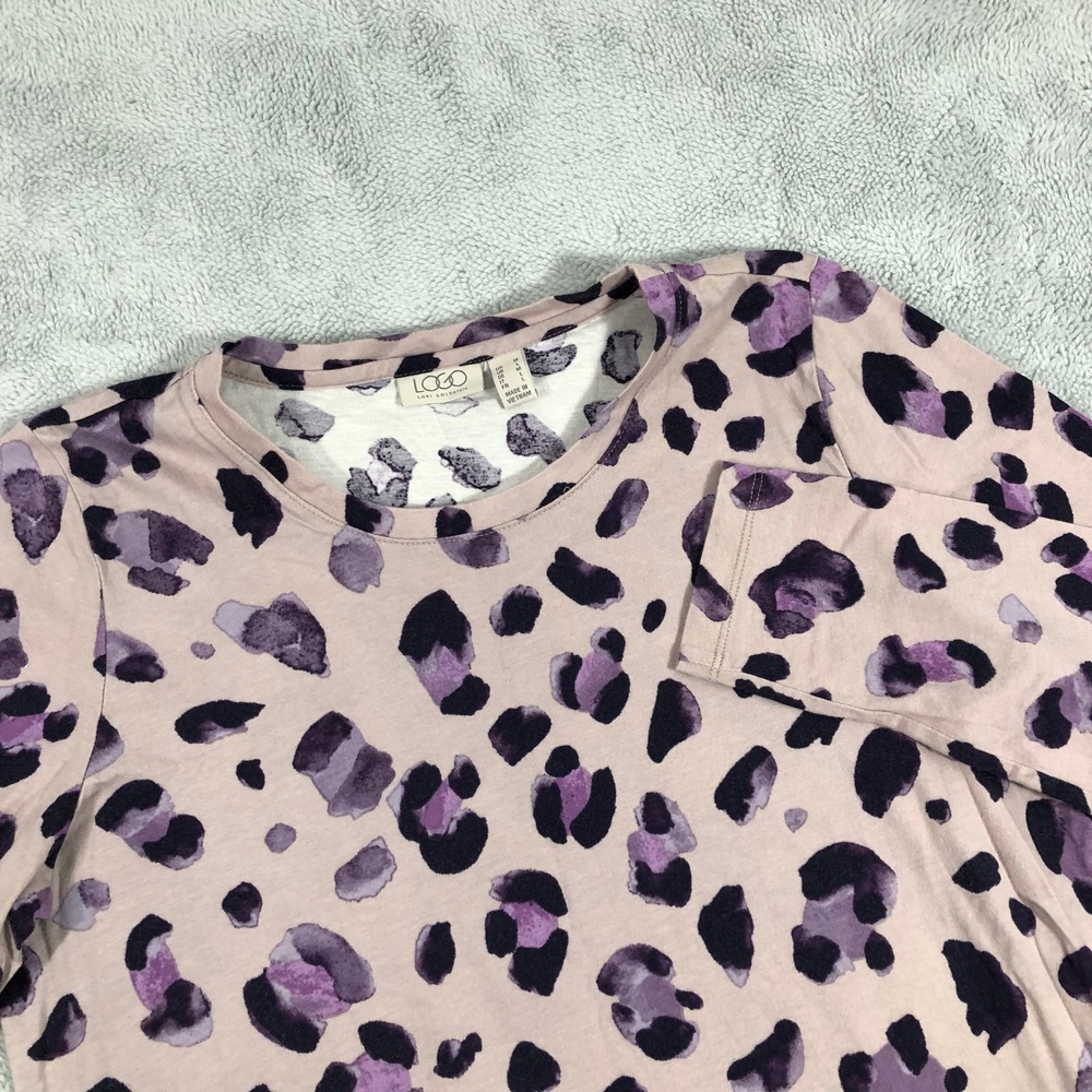 LOGO Lori Goldstein Top Women's Medium Purple Leopard Print Peplum Tunic Shirt